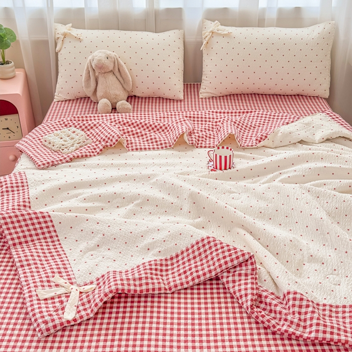 91家纺网 家纺一手货源 找家纺 （总）爱彼家纺 2026春夏新款韩式花边泡芙棉床单款夏被夏凉被空调被四件套