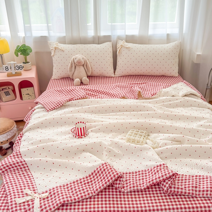 91家纺网 家纺一手货源 找家纺 （总）爱彼家纺 2026春夏新款韩式花边泡芙棉床单款夏被夏凉被空调被四件套