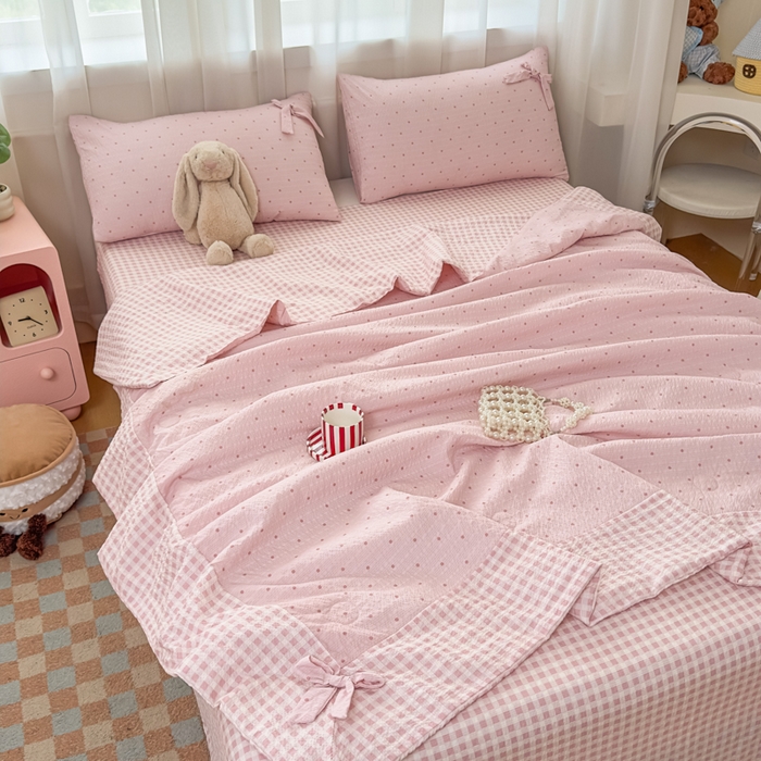 91家纺网 家纺一手货源 找家纺 爱彼家纺 2026春夏新款韩式花边泡芙棉床单款夏被夏凉被空调被四件套 奶粉波点