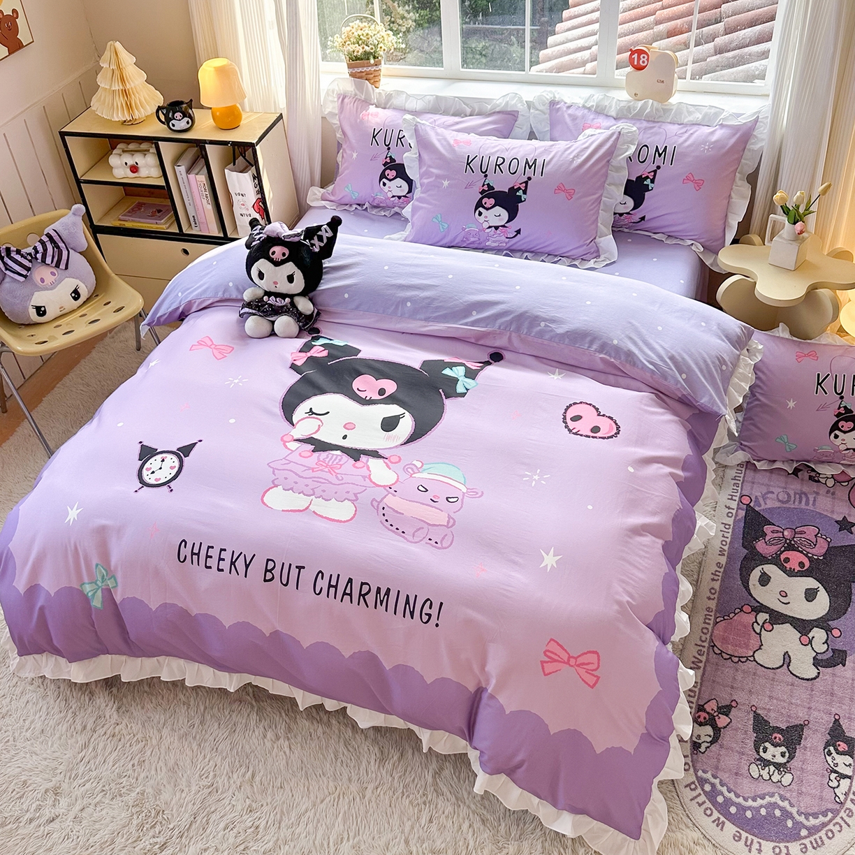 91家纺网 家纺一手货源 找家纺 玉元坊 2026新款三丽鸥正版授权酷洛米全棉纯棉床单床笠床裙三四件套 巴库库洛米-白花边