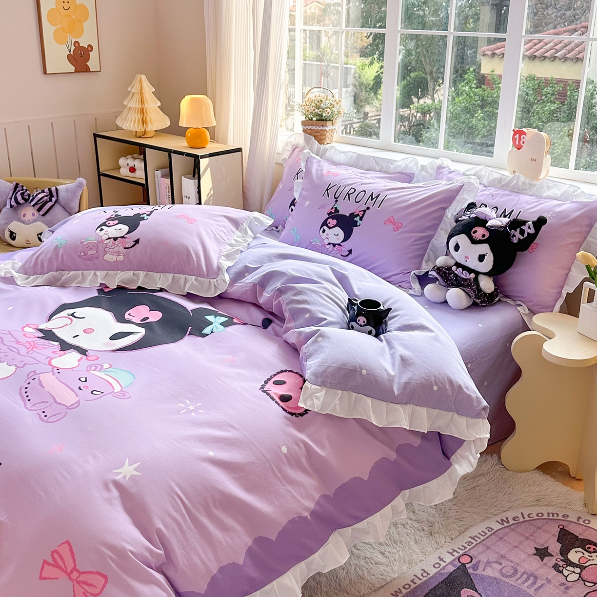 91家纺网 家纺一手货源 找家纺 玉元坊 2026新款三丽鸥正版授权酷洛米全棉纯棉床单床笠床裙三四件套 巴库库洛米-白花边