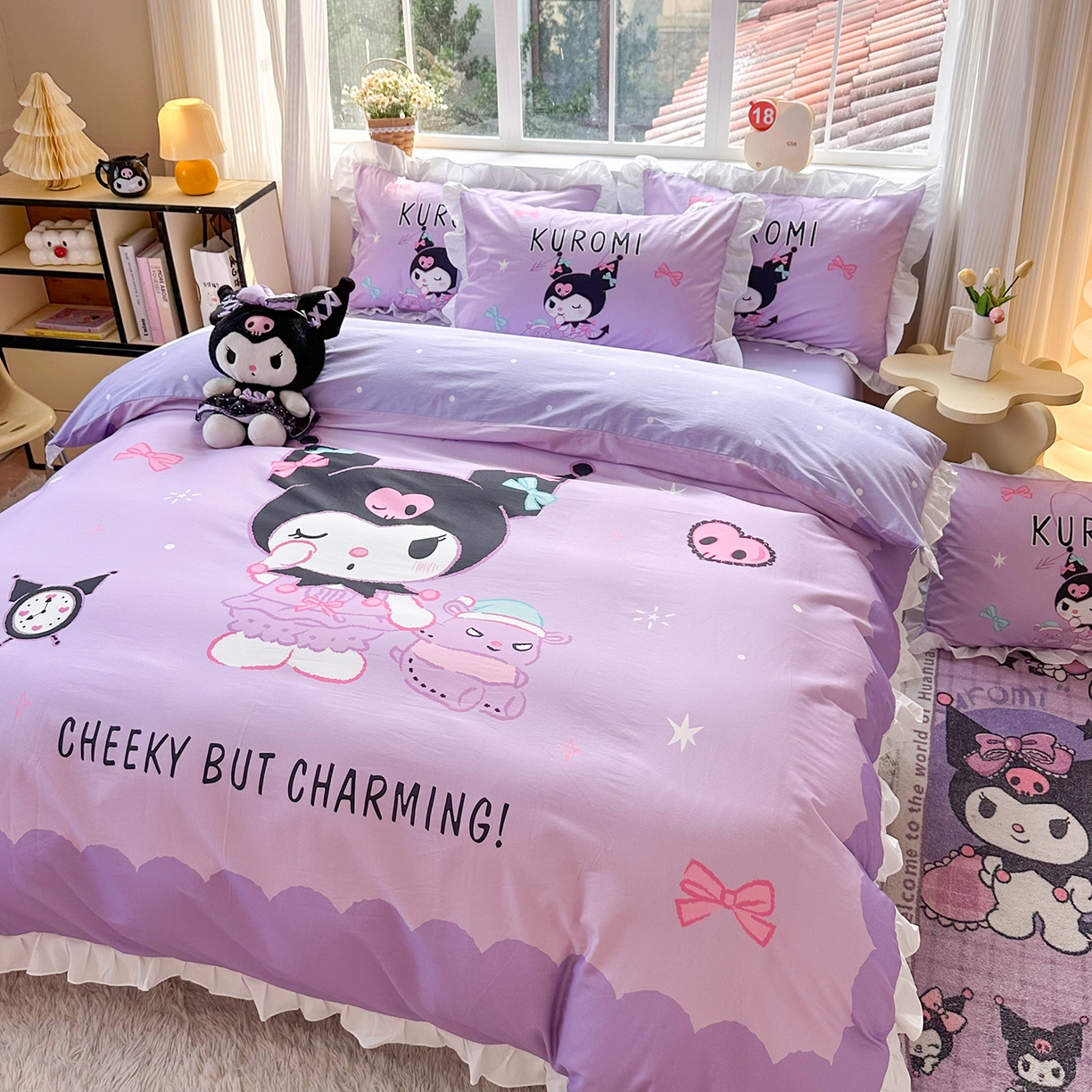 91家纺网 家纺一手货源 找家纺 玉元坊 2026新款三丽鸥正版授权酷洛米全棉纯棉床单床笠床裙三四件套 巴库库洛米-白花边