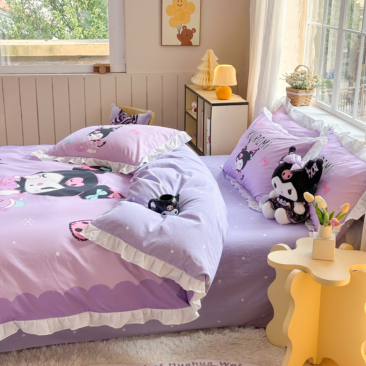 91家纺网 家纺一手货源 找家纺 玉元坊 2026新款三丽鸥正版授权酷洛米全棉纯棉床单床笠床裙三四件套 巴库库洛米-白花边