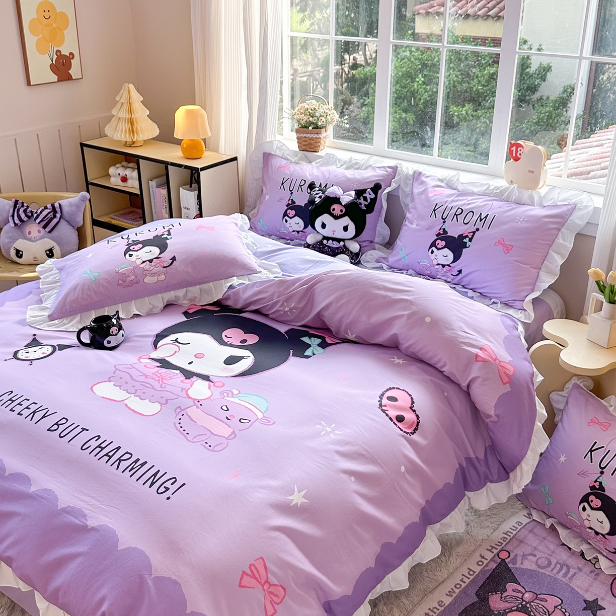 91家纺网 家纺一手货源 找家纺 玉元坊 2026新款三丽鸥正版授权酷洛米全棉纯棉床单床笠床裙三四件套 巴库库洛米-白花边