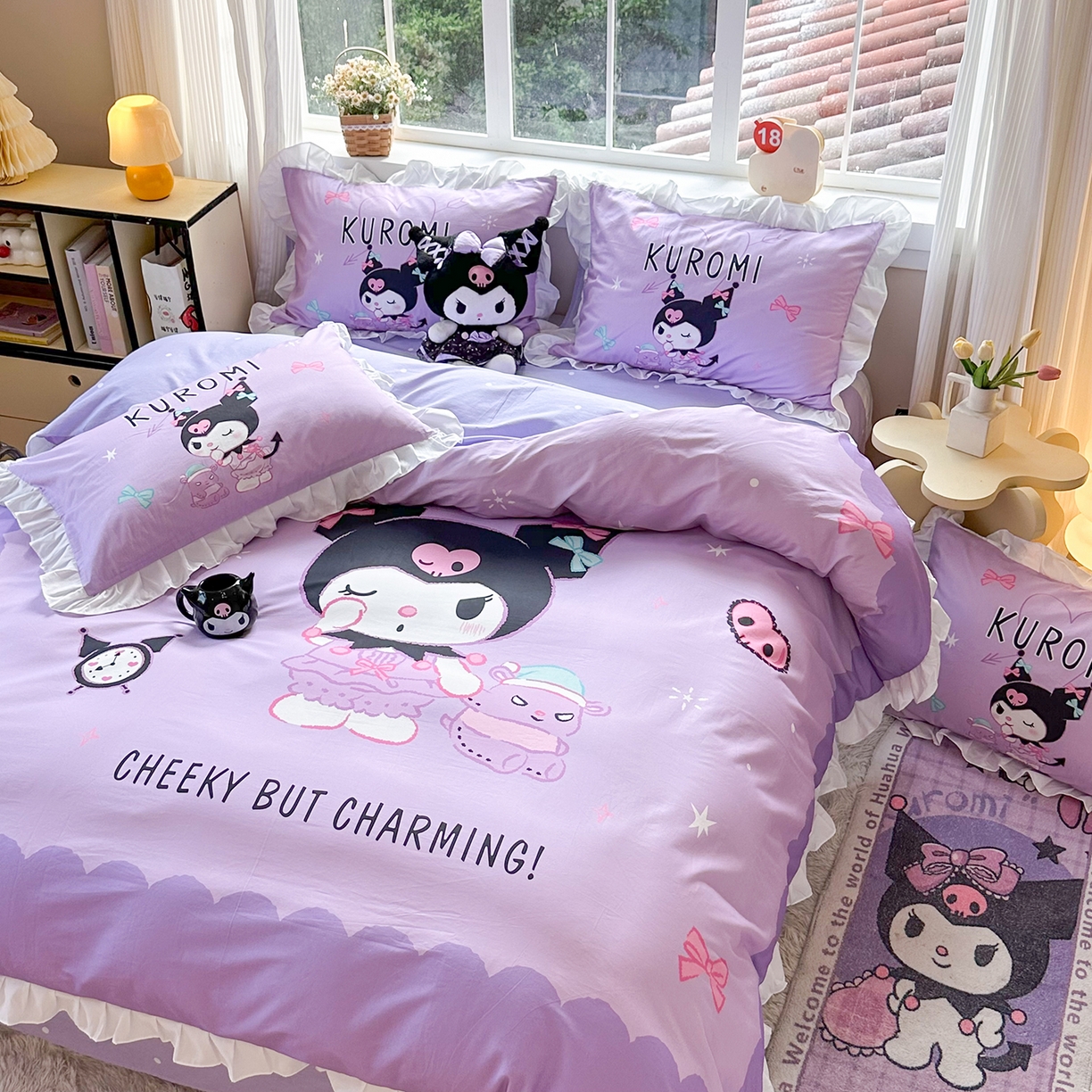 91家纺网 家纺一手货源 找家纺 玉元坊 2026新款三丽鸥正版授权酷洛米全棉纯棉床单床笠床裙三四件套 巴库库洛米-白花边