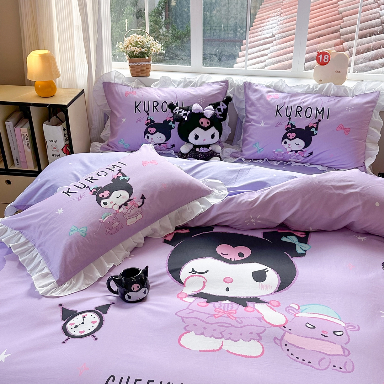 91家纺网 家纺一手货源 找家纺 玉元坊 2026新款三丽鸥正版授权酷洛米全棉纯棉床单床笠床裙三四件套 巴库库洛米-白花边