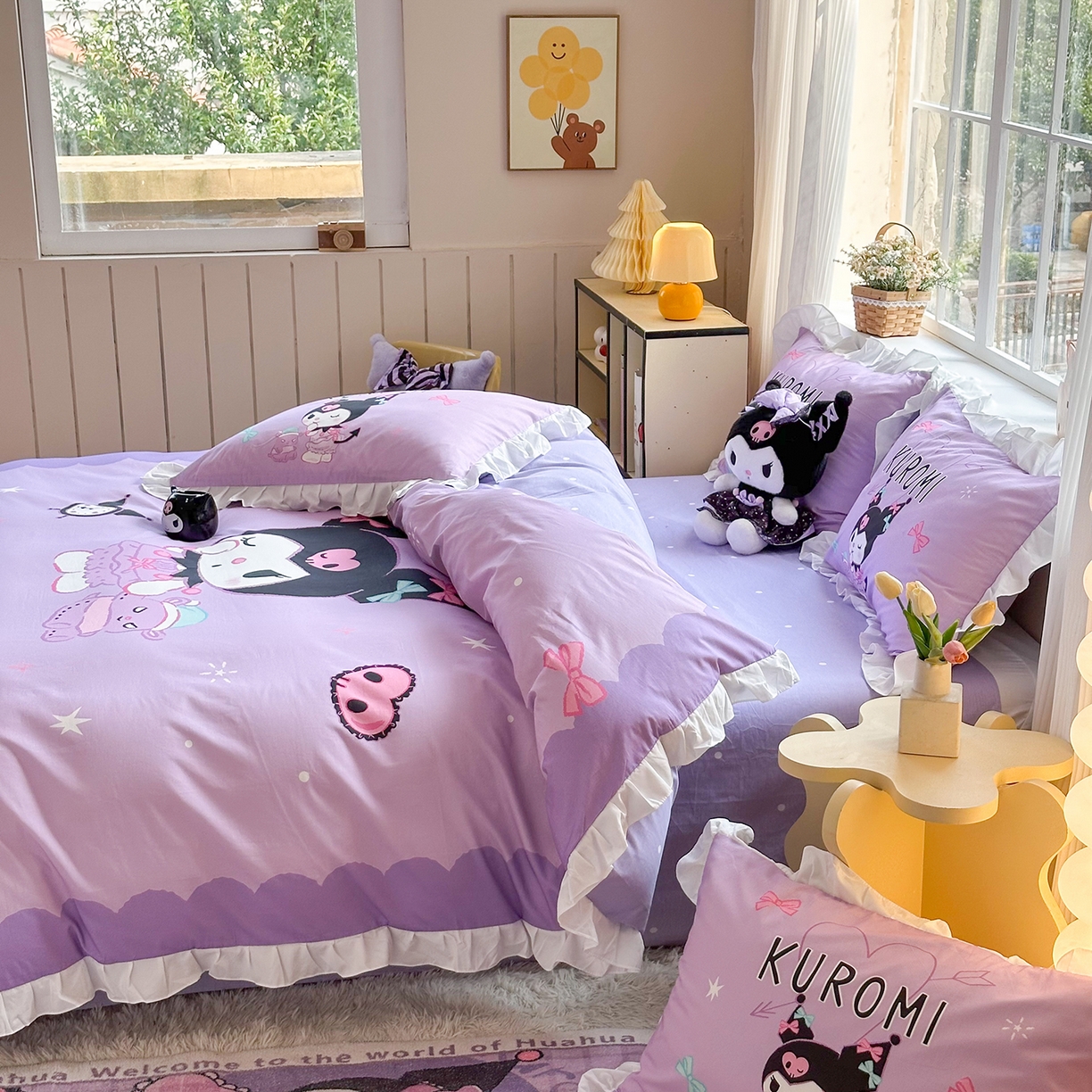 91家纺网 家纺一手货源 找家纺 玉元坊 2026新款三丽鸥正版授权酷洛米全棉纯棉床单床笠床裙三四件套 巴库库洛米-白花边