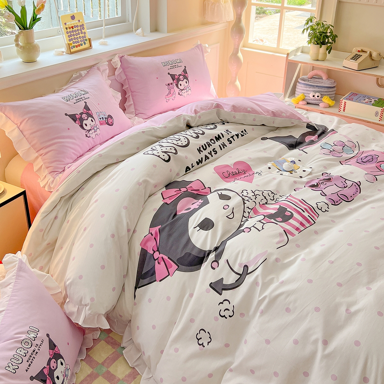 91家纺网 家纺一手货源 找家纺 玉元坊 2026新款三丽鸥正版授权酷洛米全棉纯棉床单床笠床裙三四件套 爆米花-白花边