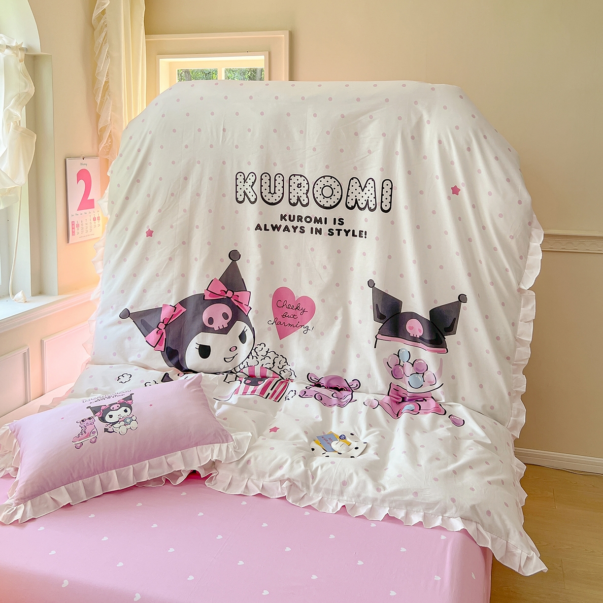 91家纺网 家纺一手货源 找家纺 玉元坊 2026新款三丽鸥正版授权酷洛米全棉纯棉床单床笠床裙三四件套 爆米花-白花边