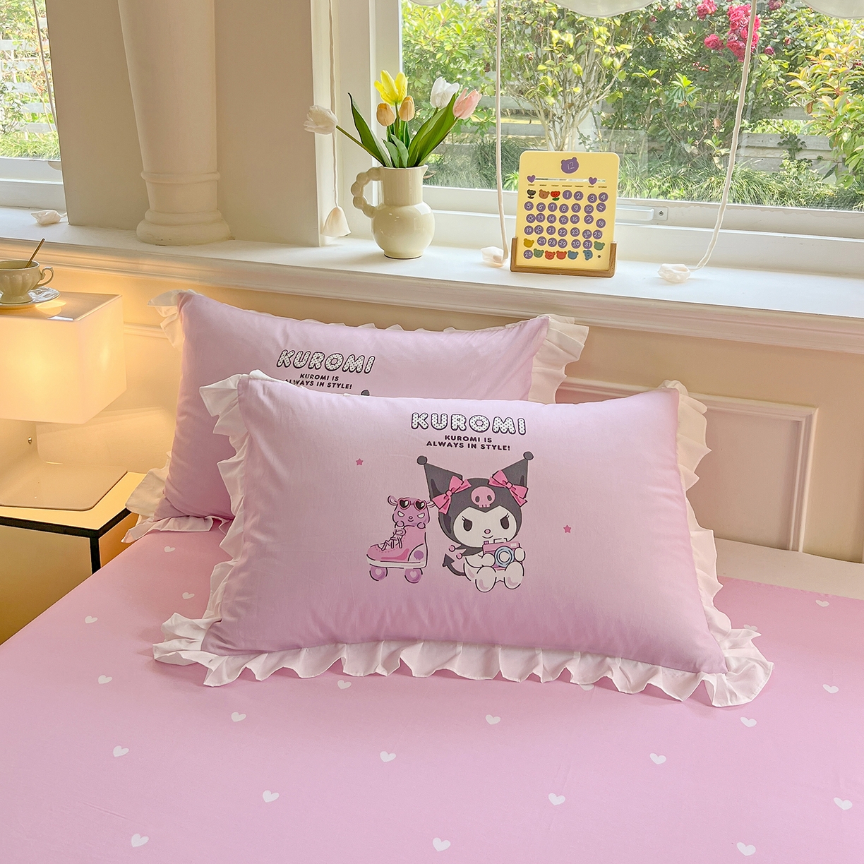 91家纺网 家纺一手货源 找家纺 玉元坊 2026新款三丽鸥正版授权酷洛米全棉纯棉床单床笠床裙三四件套 爆米花-白花边