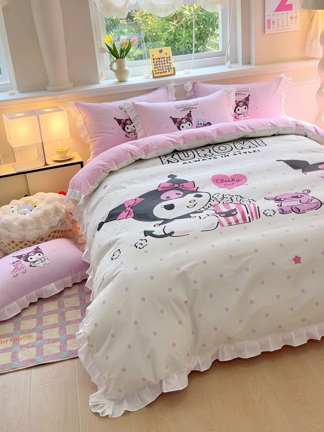 91家纺网 家纺一手货源 找家纺 玉元坊 2026新款三丽鸥正版授权酷洛米全棉纯棉床单床笠床裙三四件套 爆米花-白花边