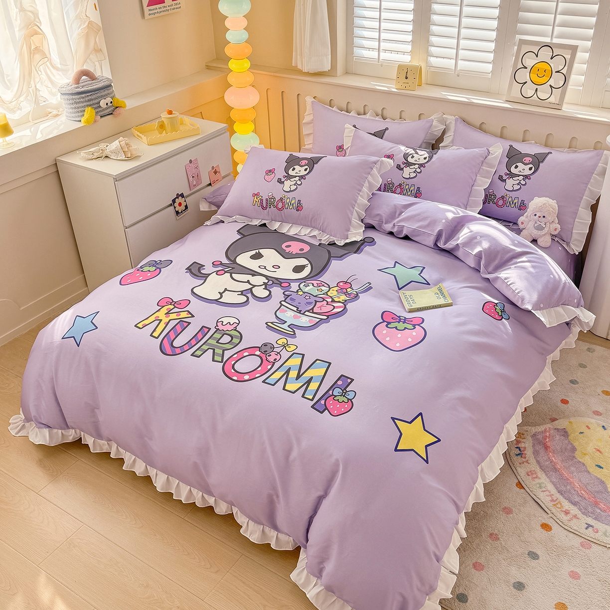 91家纺网 家纺一手货源 找家纺 玉元坊 2026新款三丽鸥正版授权酷洛米全棉纯棉床单床笠床裙三四件套 草莓库洛米-白花边