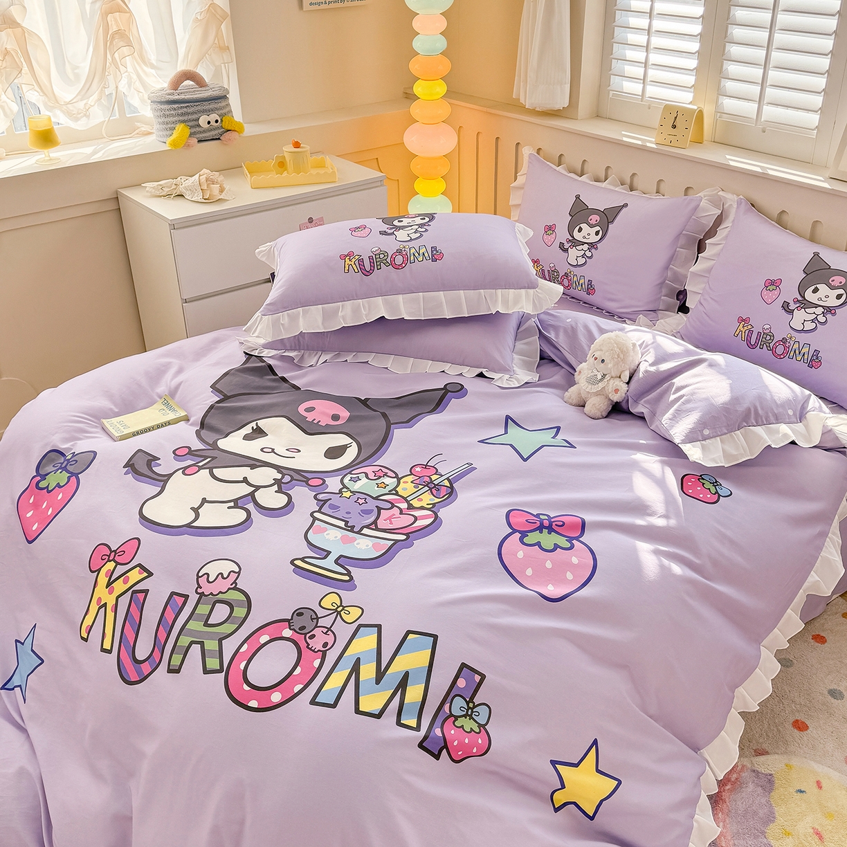 91家纺网 家纺一手货源 找家纺 玉元坊 2026新款三丽鸥正版授权酷洛米全棉纯棉床单床笠床裙三四件套 草莓库洛米-白花边