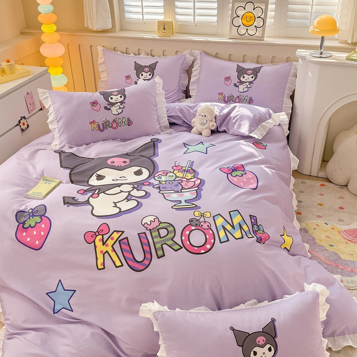 91家纺网 家纺一手货源 找家纺 玉元坊 2026新款三丽鸥正版授权酷洛米全棉纯棉床单床笠床裙三四件套 草莓库洛米-白花边