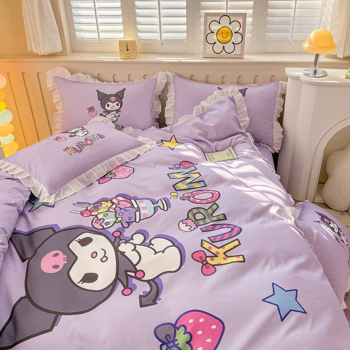 91家纺网 家纺一手货源 找家纺 玉元坊 2026新款三丽鸥正版授权酷洛米全棉纯棉床单床笠床裙三四件套 草莓库洛米-白花边