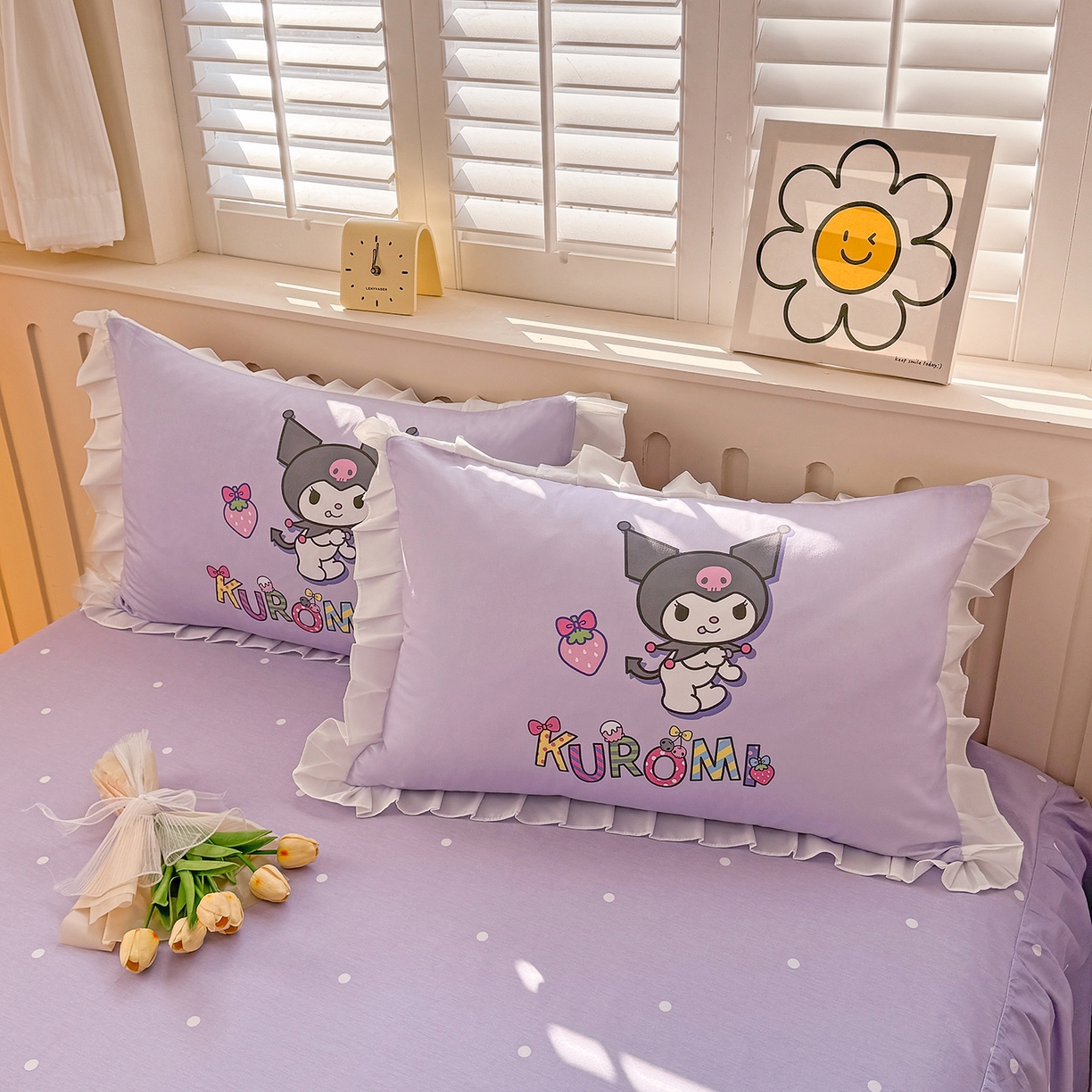 91家纺网 家纺一手货源 找家纺 玉元坊 2026新款三丽鸥正版授权酷洛米全棉纯棉床单床笠床裙三四件套 草莓库洛米-白花边