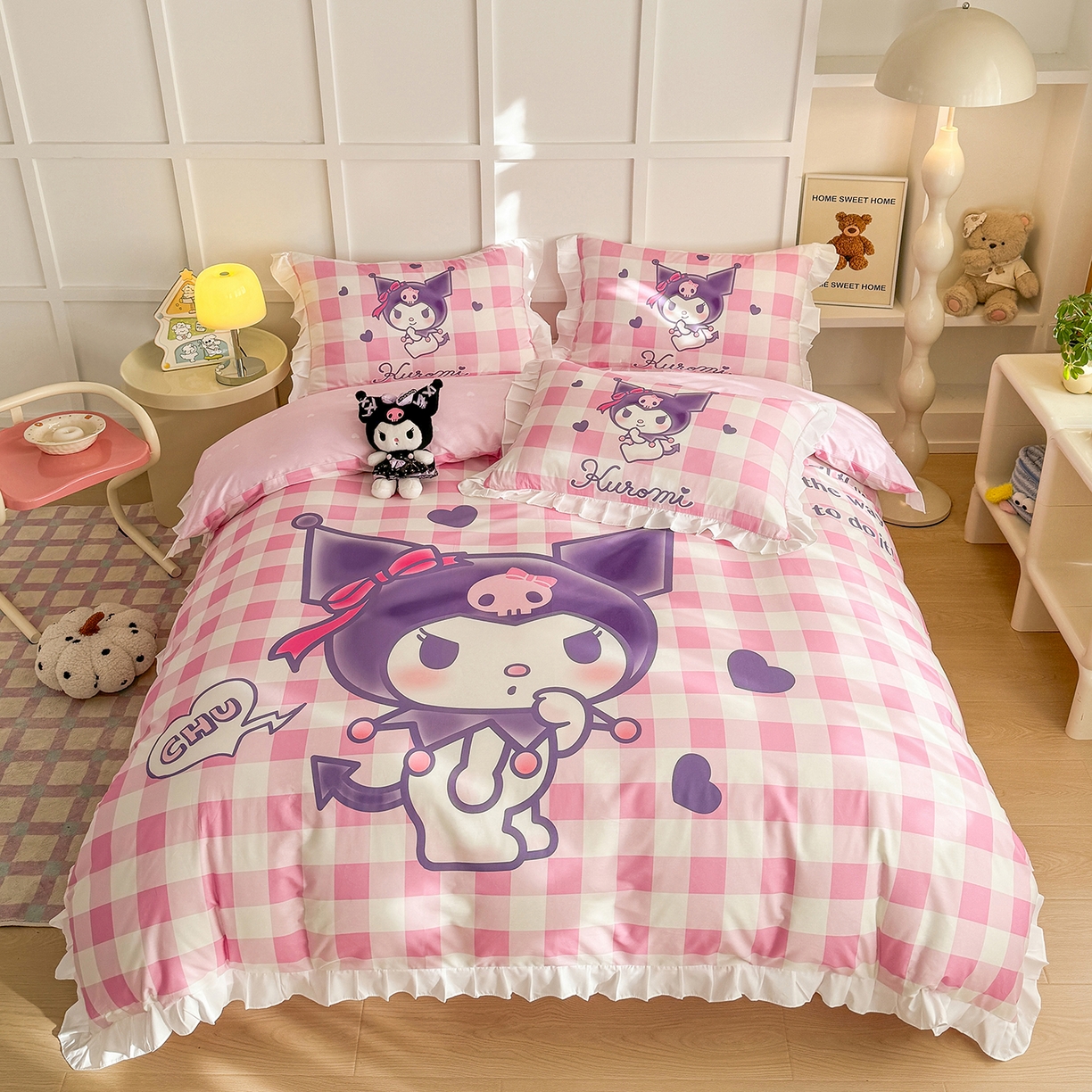 玉元坊 2026新款三丽鸥正版授权酷洛米全棉纯棉床单床笠床裙三四件套 大版花边-格子库洛米