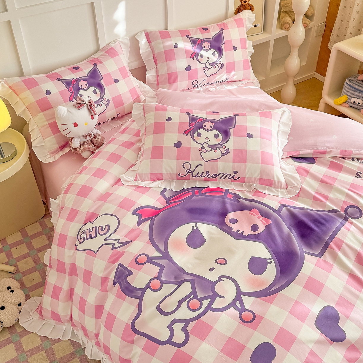 91家纺网 家纺一手货源 找家纺 玉元坊 2026新款三丽鸥正版授权酷洛米全棉纯棉床单床笠床裙三四件套 大版花边-格子库洛米