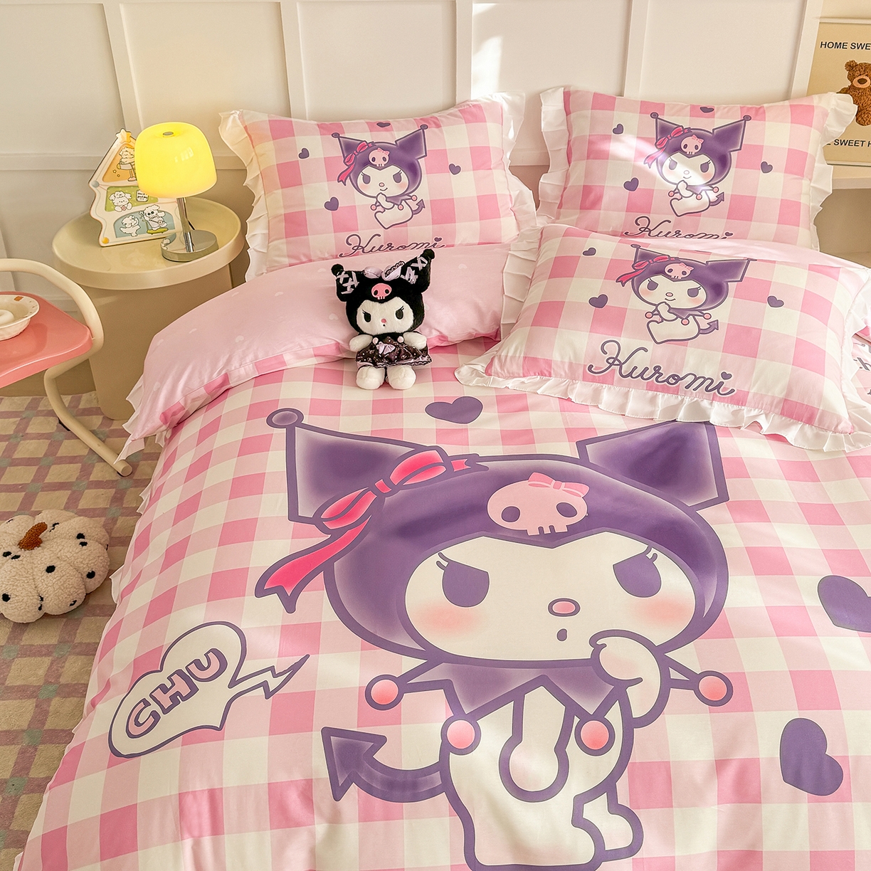 91家纺网 家纺一手货源 找家纺 玉元坊 2026新款三丽鸥正版授权酷洛米全棉纯棉床单床笠床裙三四件套 大版花边-格子库洛米