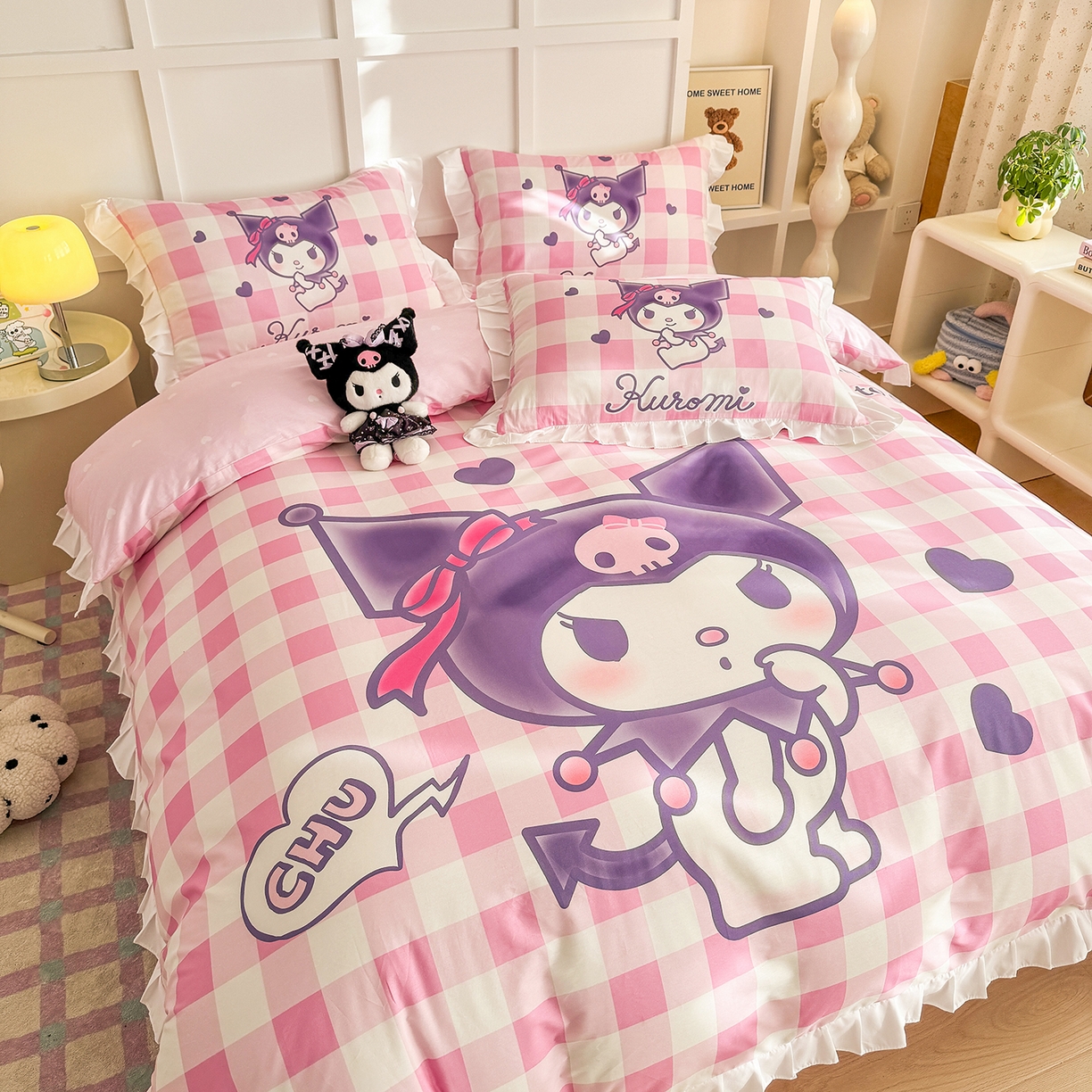 91家纺网 家纺一手货源 找家纺 玉元坊 2026新款三丽鸥正版授权酷洛米全棉纯棉床单床笠床裙三四件套 大版花边-格子库洛米