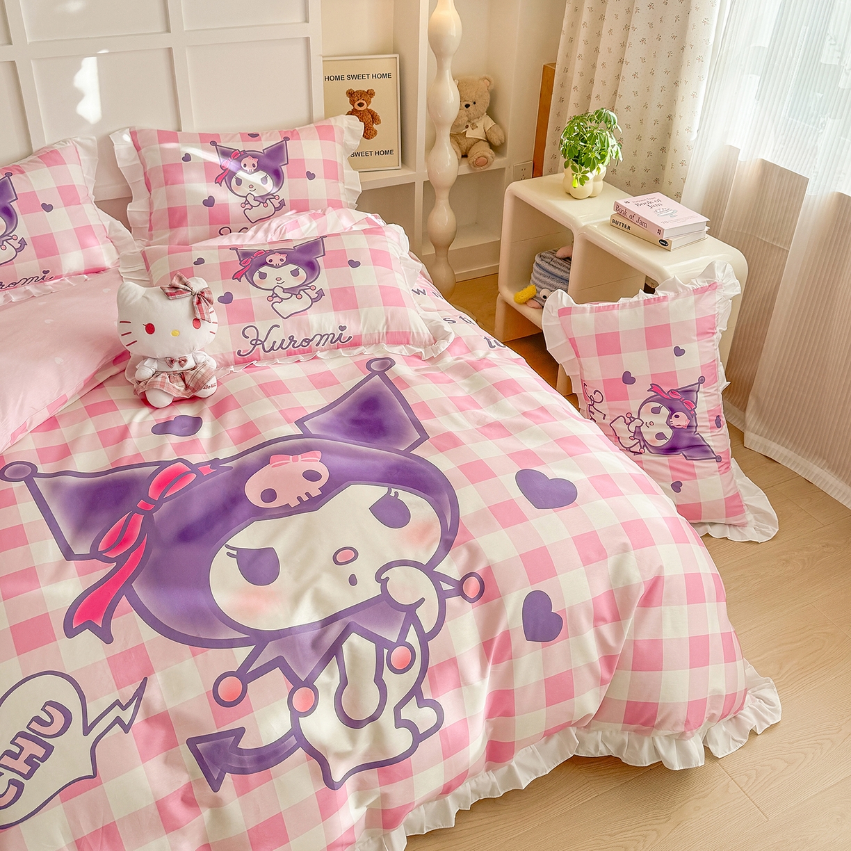 91家纺网 家纺一手货源 找家纺 玉元坊 2026新款三丽鸥正版授权酷洛米全棉纯棉床单床笠床裙三四件套 大版花边-格子库洛米