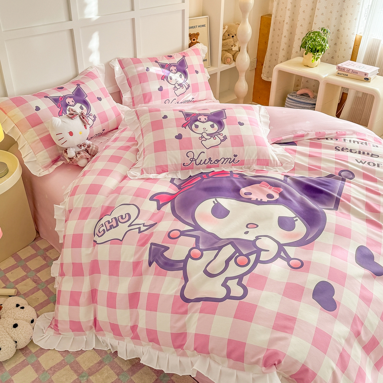 91家纺网 家纺一手货源 找家纺 玉元坊 2026新款三丽鸥正版授权酷洛米全棉纯棉床单床笠床裙三四件套 大版花边-格子库洛米