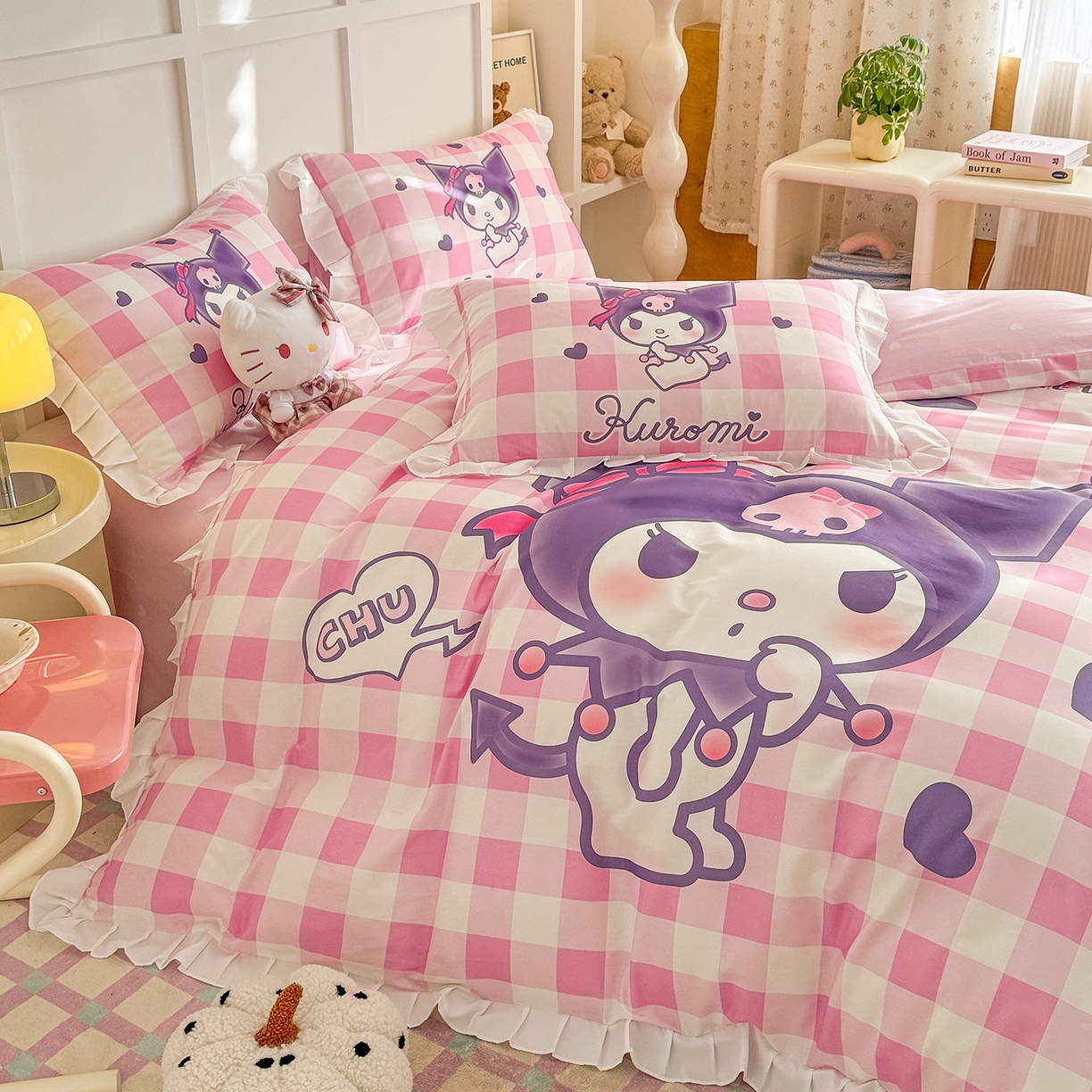 91家纺网 家纺一手货源 找家纺 玉元坊 2026新款三丽鸥正版授权酷洛米全棉纯棉床单床笠床裙三四件套 大版花边-格子库洛米