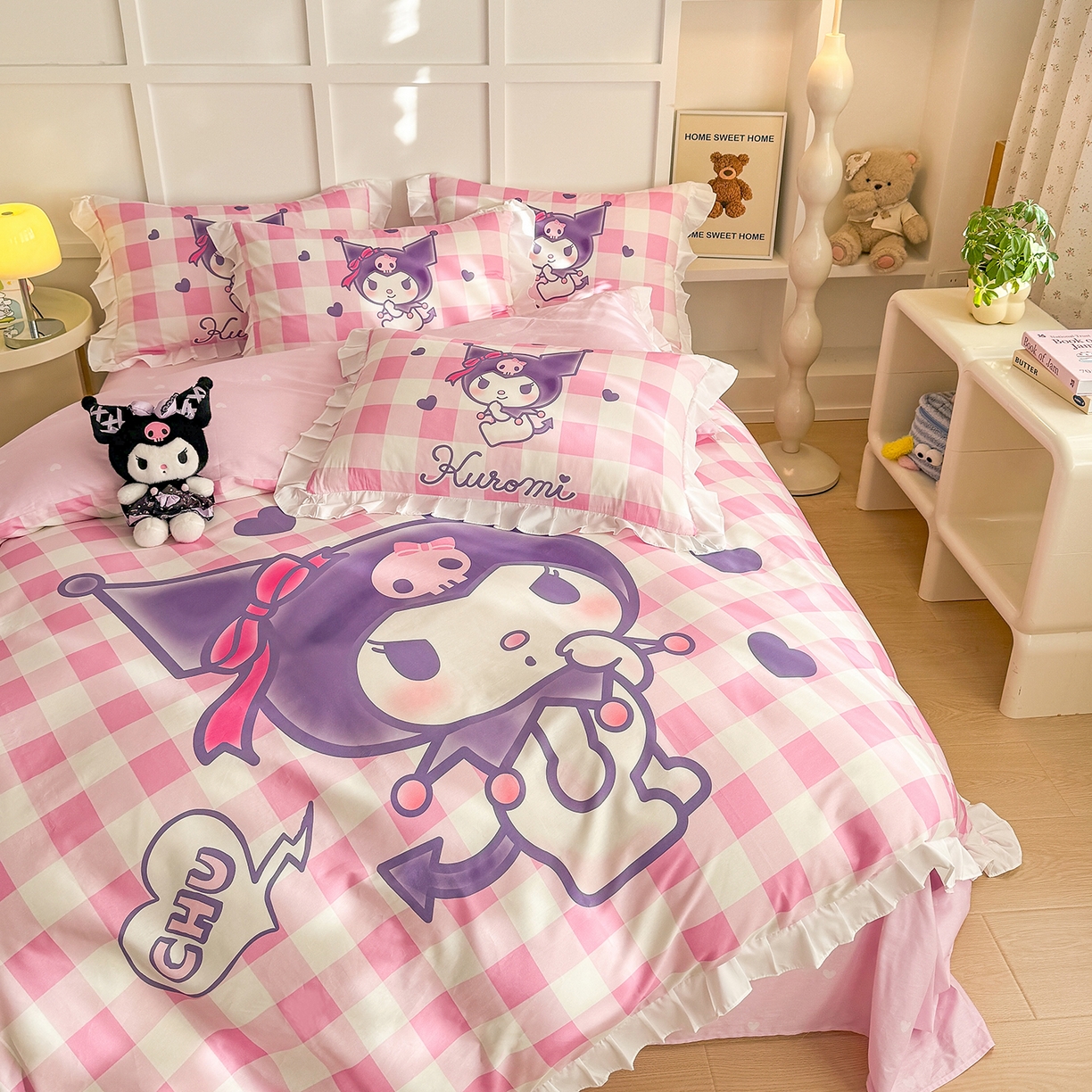 91家纺网 家纺一手货源 找家纺 玉元坊 2026新款三丽鸥正版授权酷洛米全棉纯棉床单床笠床裙三四件套 大版花边-格子库洛米