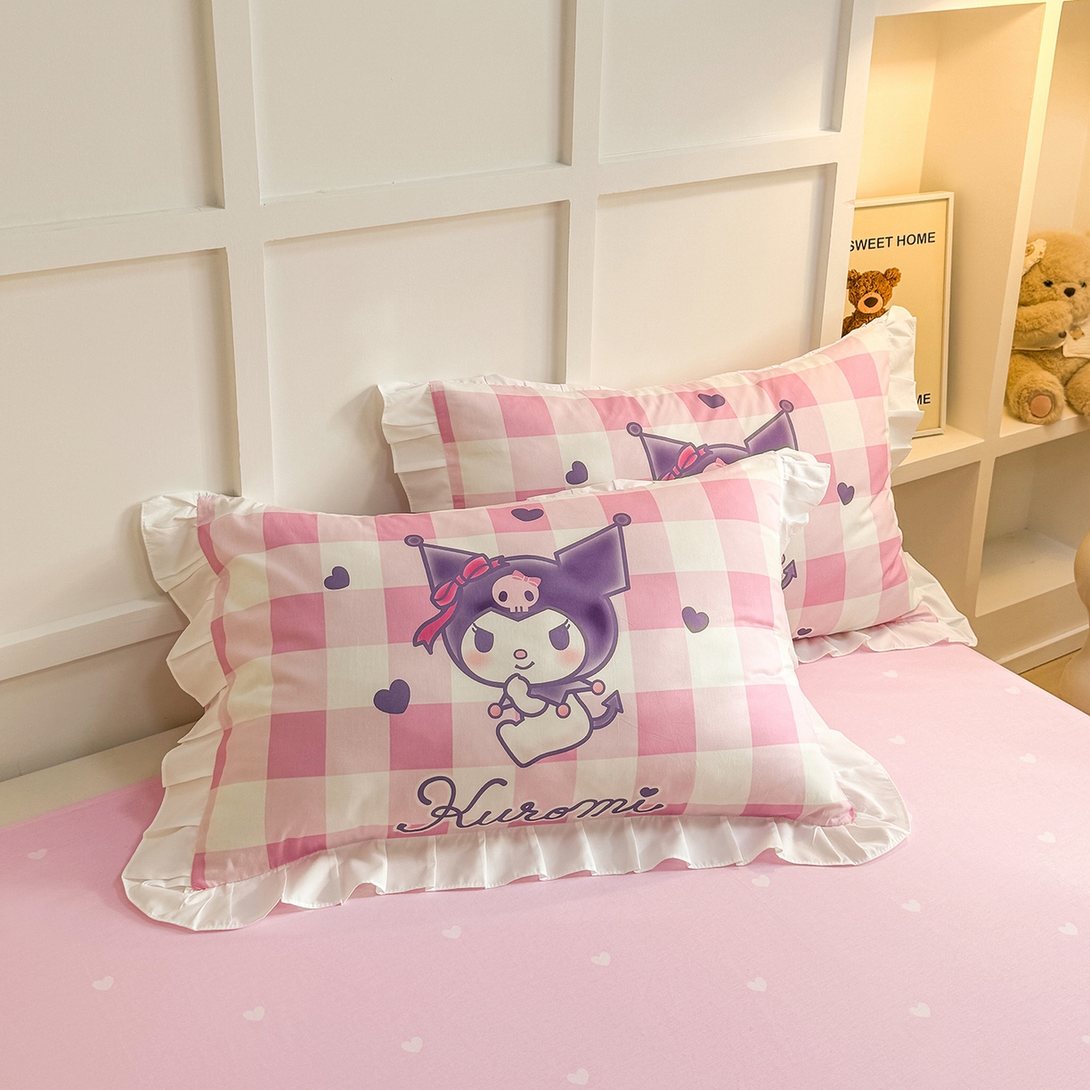 91家纺网 家纺一手货源 找家纺 玉元坊 2026新款三丽鸥正版授权酷洛米全棉纯棉床单床笠床裙三四件套 大版花边-格子库洛米