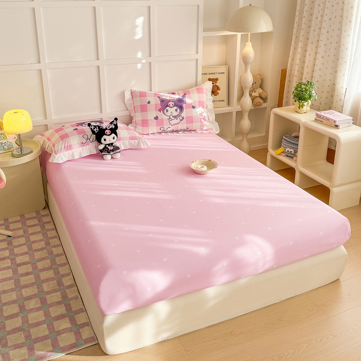 91家纺网 家纺一手货源 找家纺 玉元坊 2026新款三丽鸥正版授权酷洛米全棉纯棉床单床笠床裙三四件套 大版花边-格子库洛米