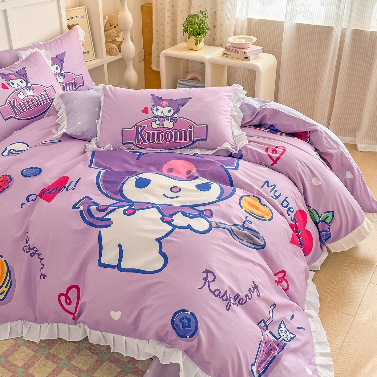 91家纺网 家纺一手货源 找家纺 玉元坊 2026新款三丽鸥正版授权酷洛米全棉纯棉床单床笠床裙三四件套 大版花边-蓝莓库洛米