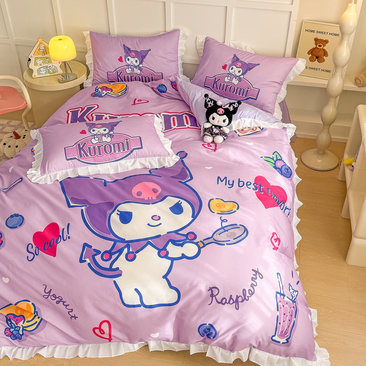 91家纺网 家纺一手货源 找家纺 玉元坊 2026新款三丽鸥正版授权酷洛米全棉纯棉床单床笠床裙三四件套 大版花边-蓝莓库洛米