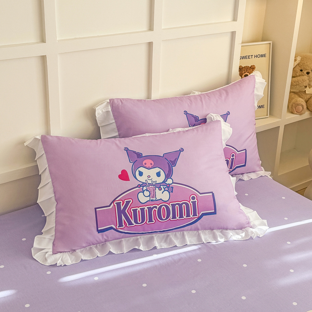 91家纺网 家纺一手货源 找家纺 玉元坊 2026新款三丽鸥正版授权酷洛米全棉纯棉床单床笠床裙三四件套 大版花边-蓝莓库洛米