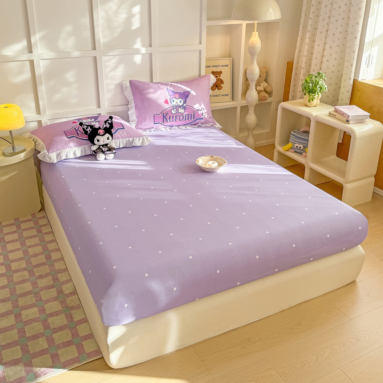 91家纺网 家纺一手货源 找家纺 玉元坊 2026新款三丽鸥正版授权酷洛米全棉纯棉床单床笠床裙三四件套 大版花边-蓝莓库洛米