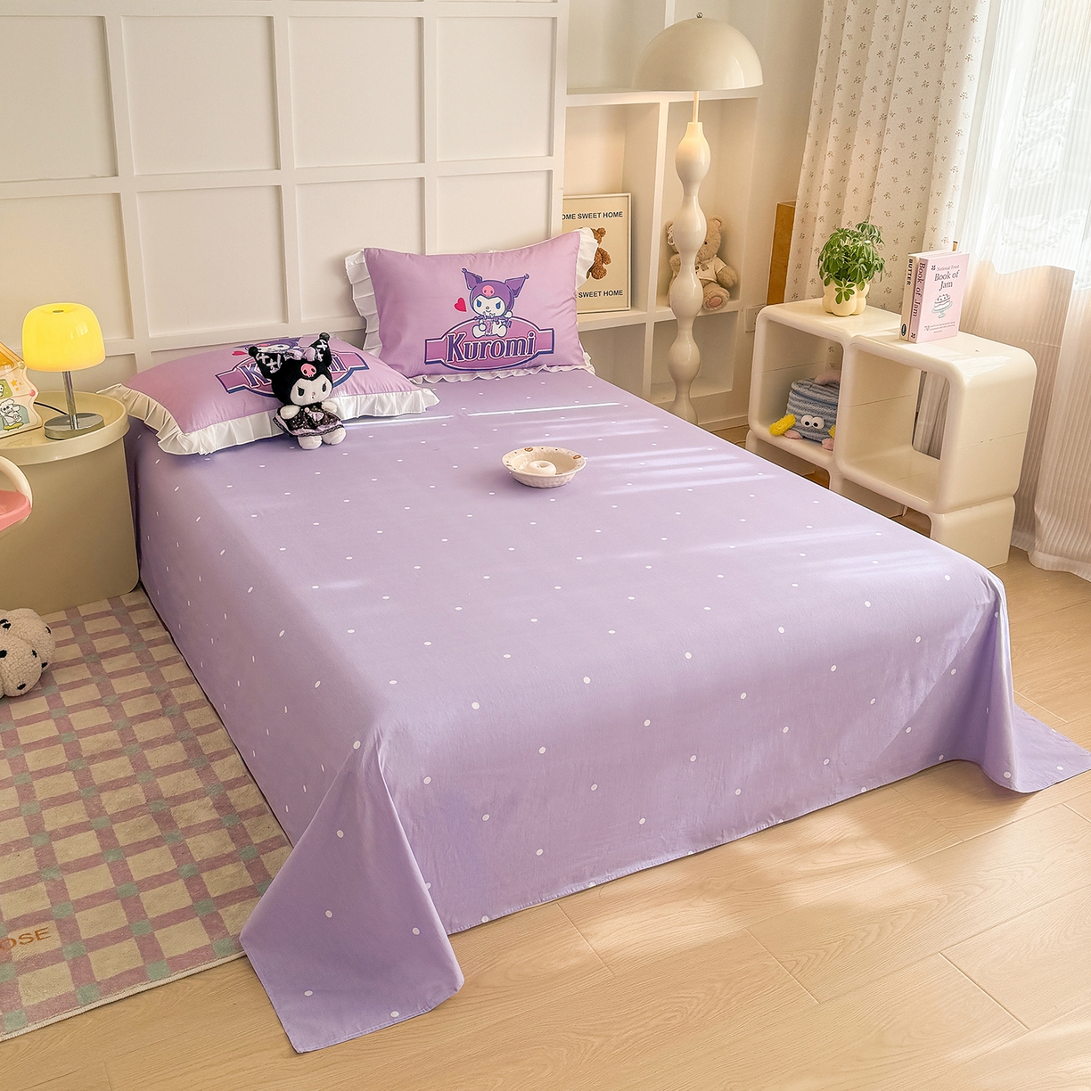 91家纺网 家纺一手货源 找家纺 玉元坊 2026新款三丽鸥正版授权酷洛米全棉纯棉床单床笠床裙三四件套 大版花边-蓝莓库洛米