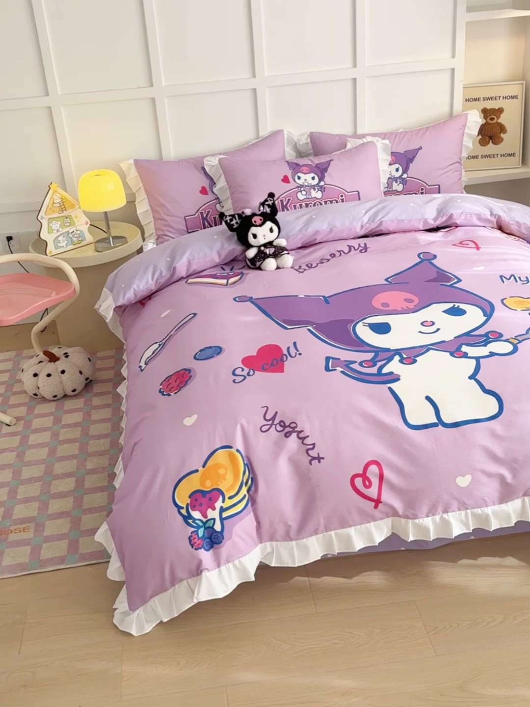 91家纺网 家纺一手货源 找家纺 玉元坊 2026新款三丽鸥正版授权酷洛米全棉纯棉床单床笠床裙三四件套 大版花边-蓝莓库洛米