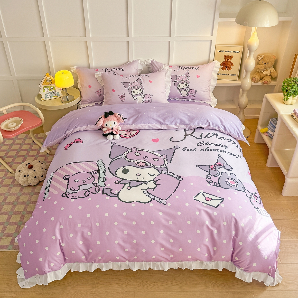 玉元坊 2026新款三丽鸥正版授权酷洛米全棉纯棉床单床笠床裙三四件套 大版花边-晚安库洛米