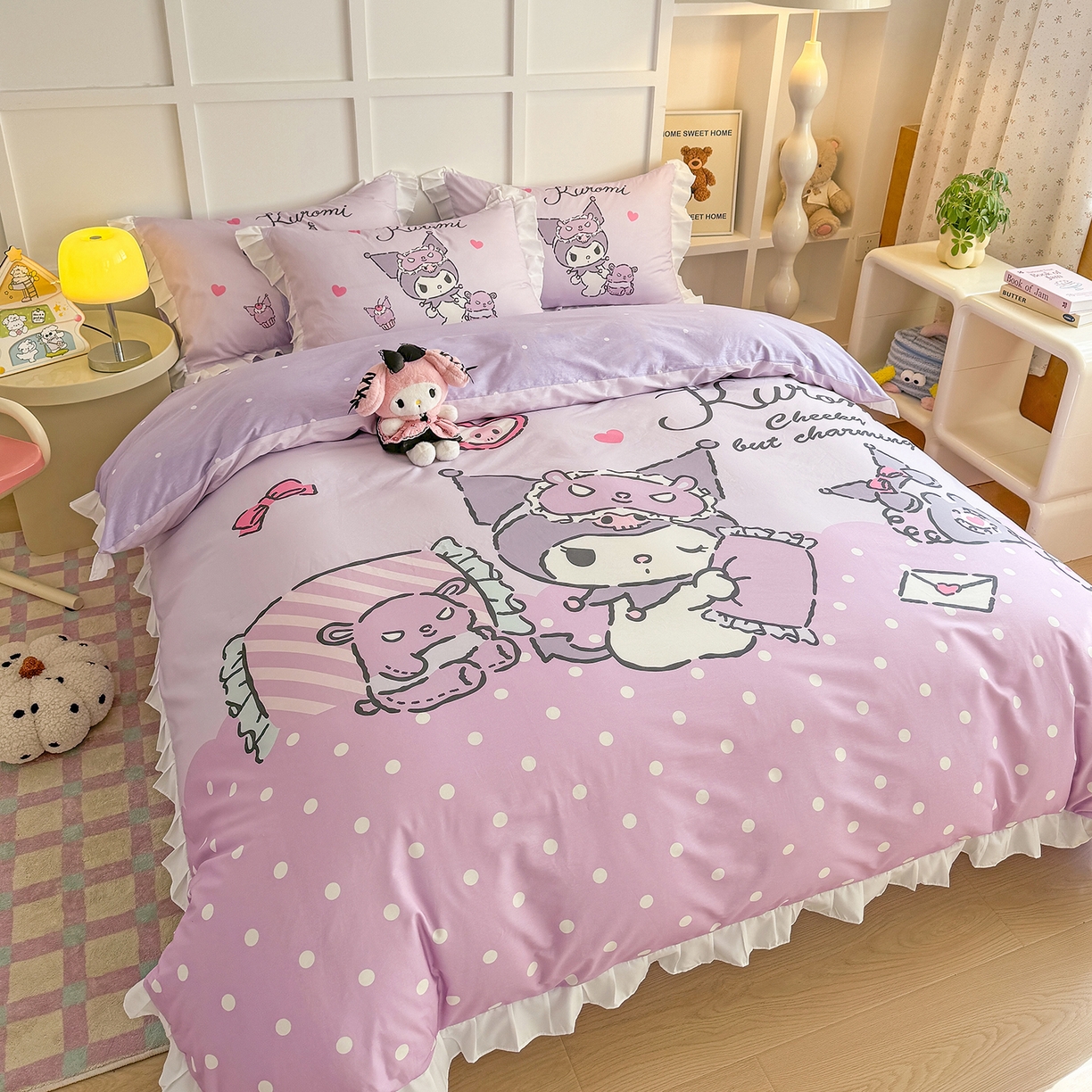 91家纺网 家纺一手货源 找家纺 玉元坊 2026新款三丽鸥正版授权酷洛米全棉纯棉床单床笠床裙三四件套 大版花边-晚安库洛米