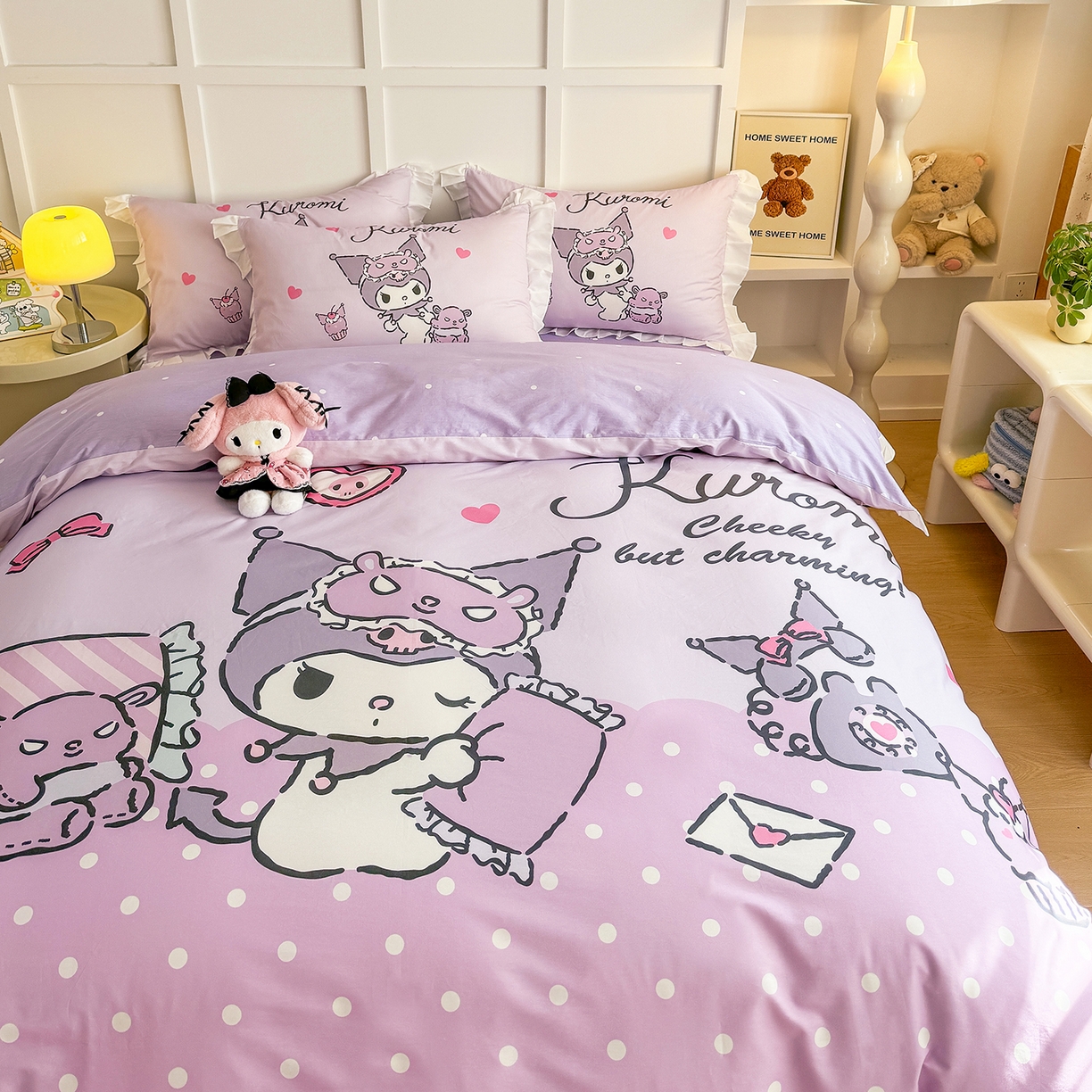 91家纺网 家纺一手货源 找家纺 玉元坊 2026新款三丽鸥正版授权酷洛米全棉纯棉床单床笠床裙三四件套 大版花边-晚安库洛米