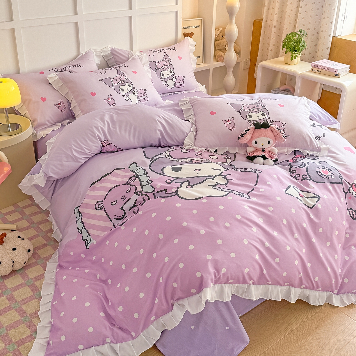 91家纺网 家纺一手货源 找家纺 玉元坊 2026新款三丽鸥正版授权酷洛米全棉纯棉床单床笠床裙三四件套 大版花边-晚安库洛米