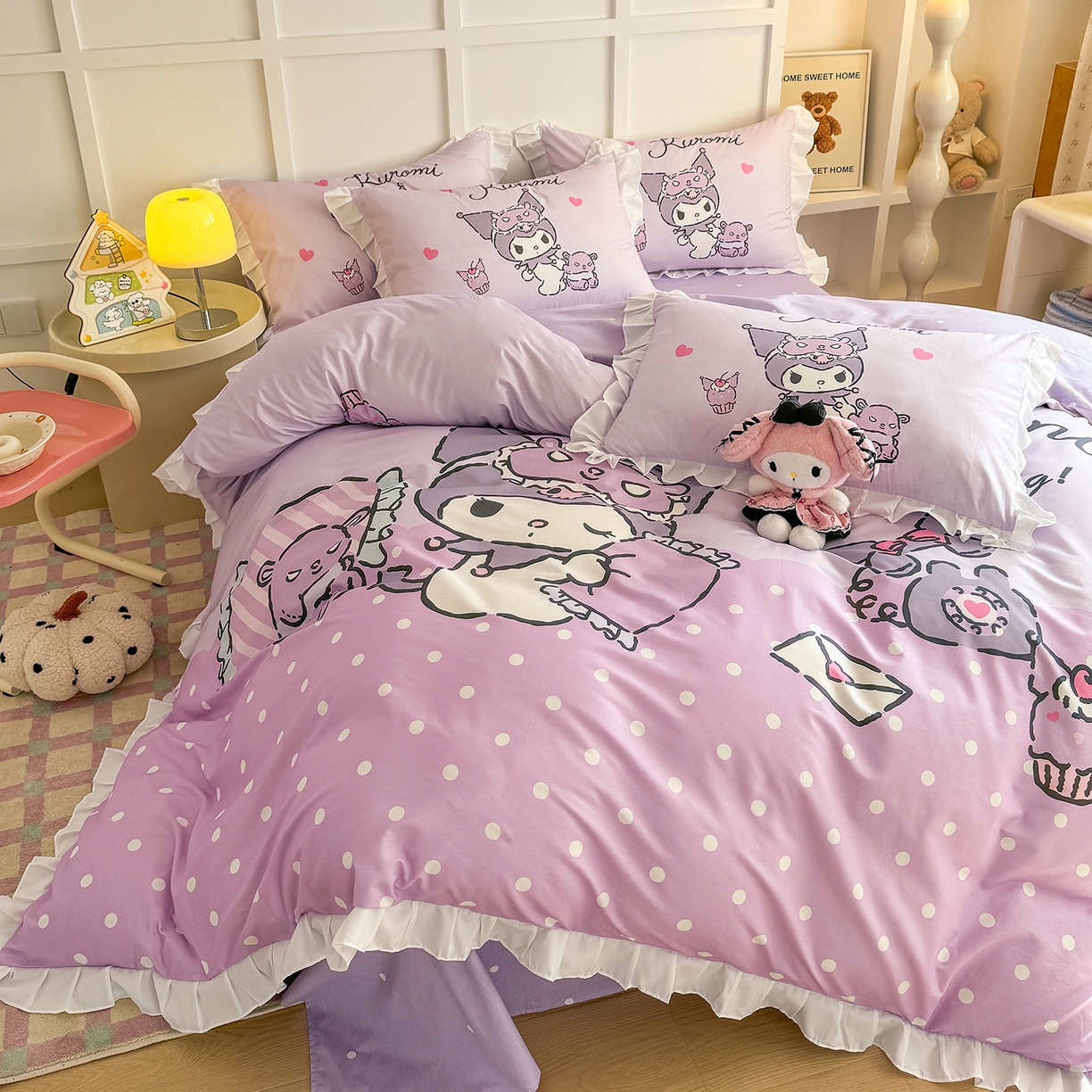 91家纺网 家纺一手货源 找家纺 玉元坊 2026新款三丽鸥正版授权酷洛米全棉纯棉床单床笠床裙三四件套 大版花边-晚安库洛米