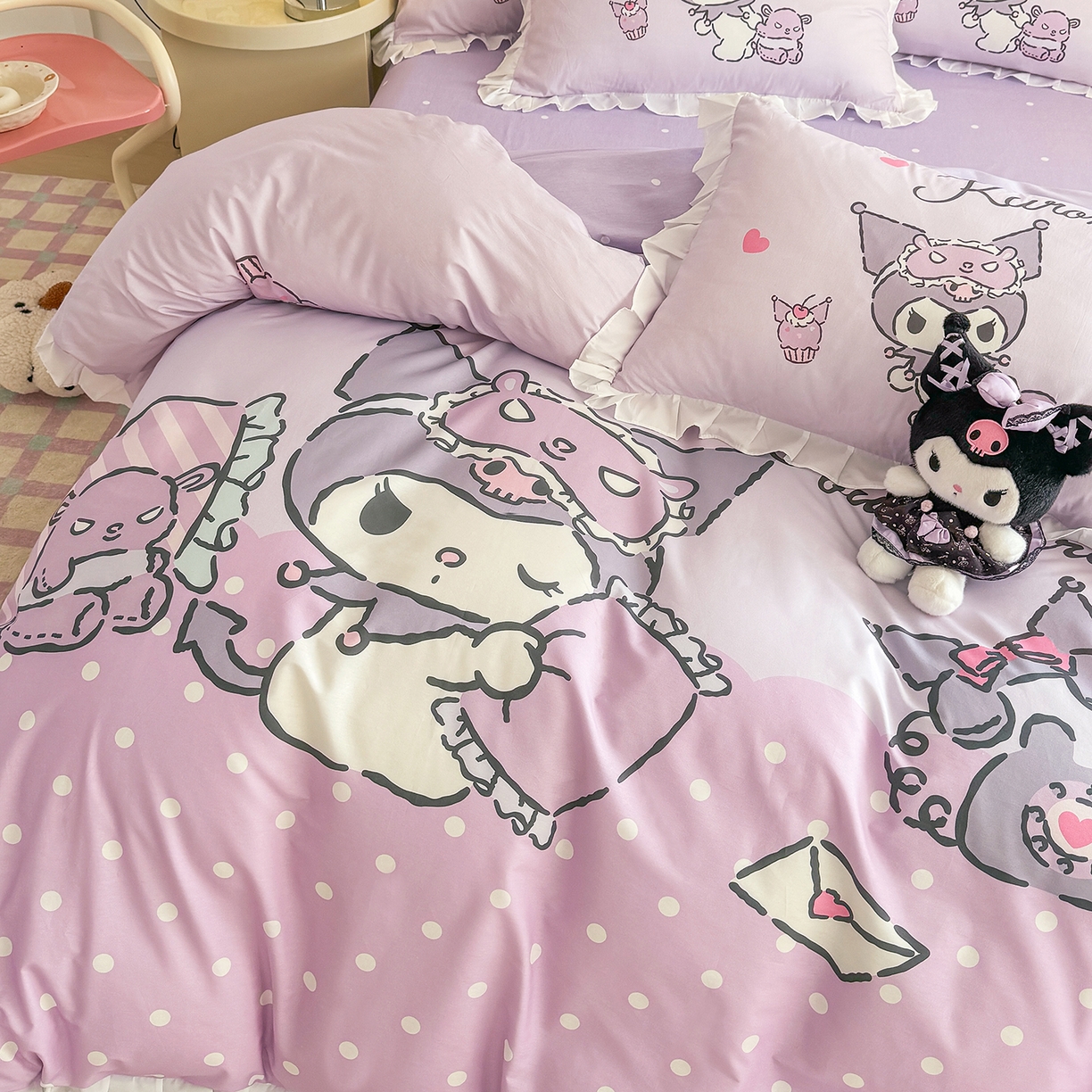 91家纺网 家纺一手货源 找家纺 玉元坊 2026新款三丽鸥正版授权酷洛米全棉纯棉床单床笠床裙三四件套 大版花边-晚安库洛米