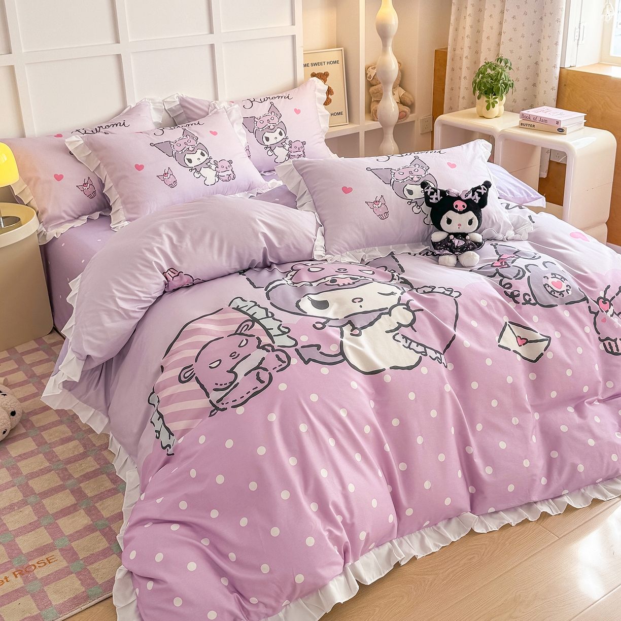 91家纺网 家纺一手货源 找家纺 玉元坊 2026新款三丽鸥正版授权酷洛米全棉纯棉床单床笠床裙三四件套 大版花边-晚安库洛米