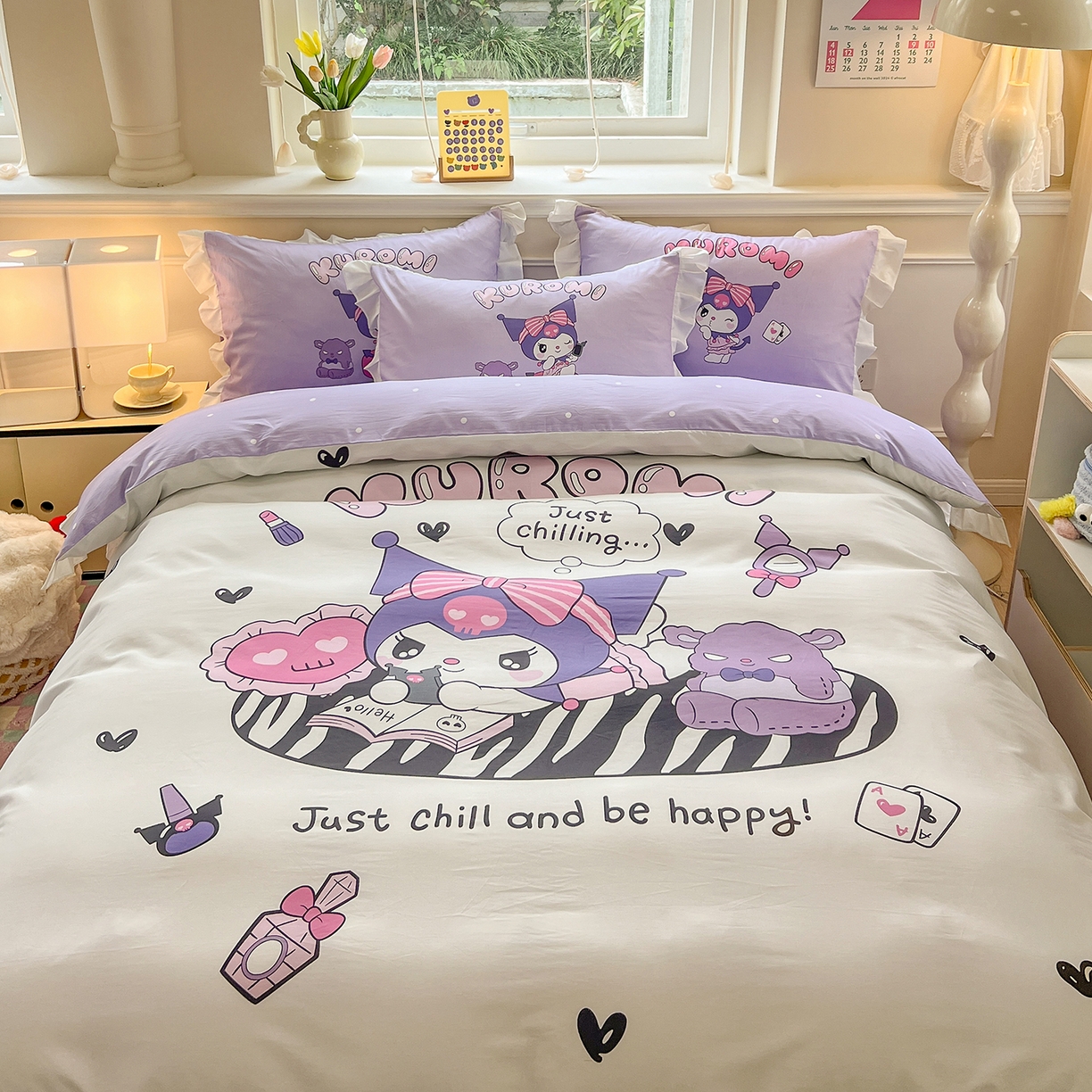 91家纺网 家纺一手货源 找家纺 玉元坊 2026新款三丽鸥正版授权酷洛米全棉纯棉床单床笠床裙三四件套 大版扑克-白花边