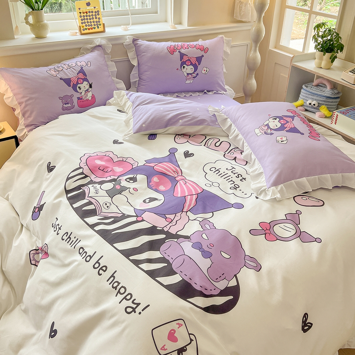 91家纺网 家纺一手货源 找家纺 玉元坊 2026新款三丽鸥正版授权酷洛米全棉纯棉床单床笠床裙三四件套 大版扑克-白花边