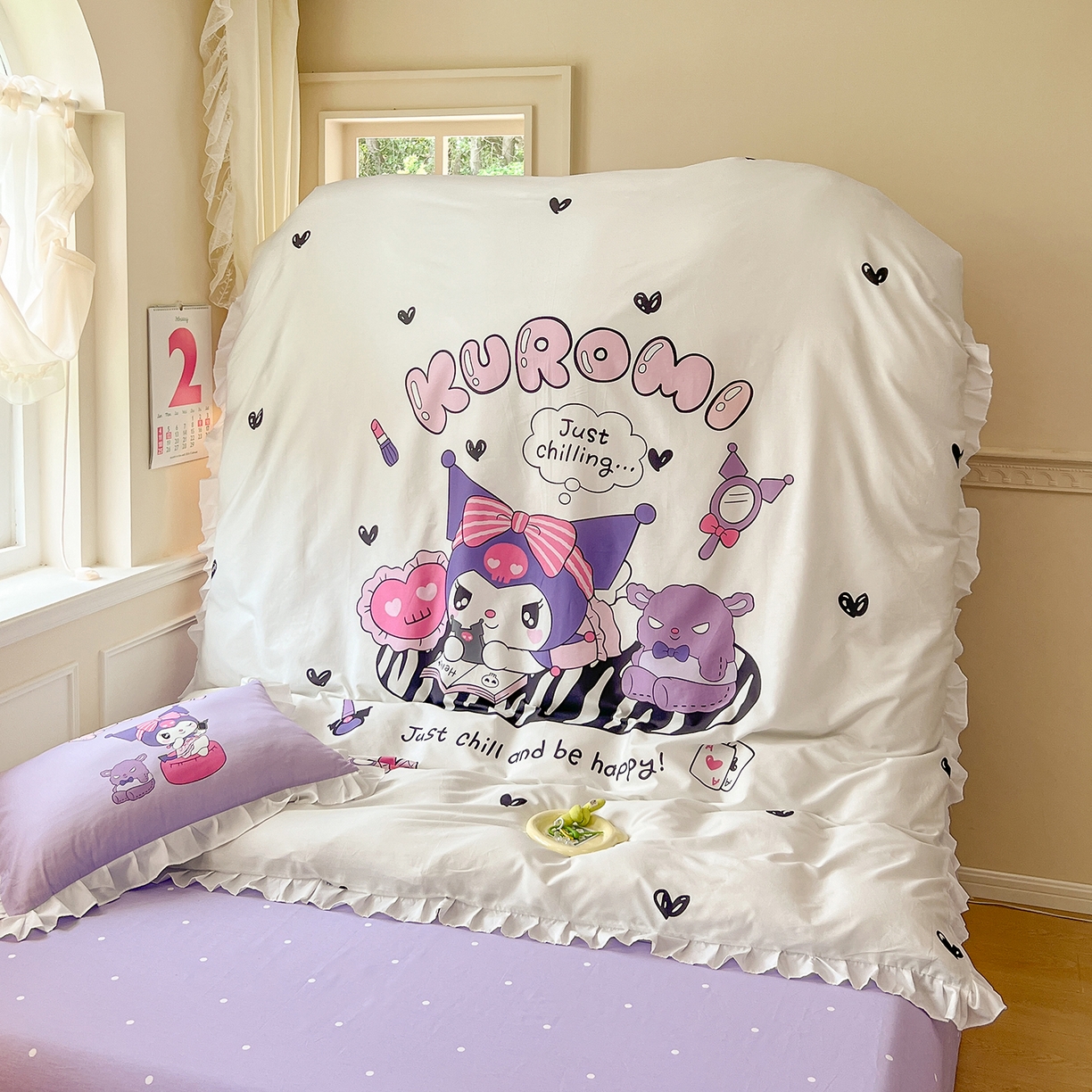 91家纺网 家纺一手货源 找家纺 玉元坊 2026新款三丽鸥正版授权酷洛米全棉纯棉床单床笠床裙三四件套 大版扑克-白花边