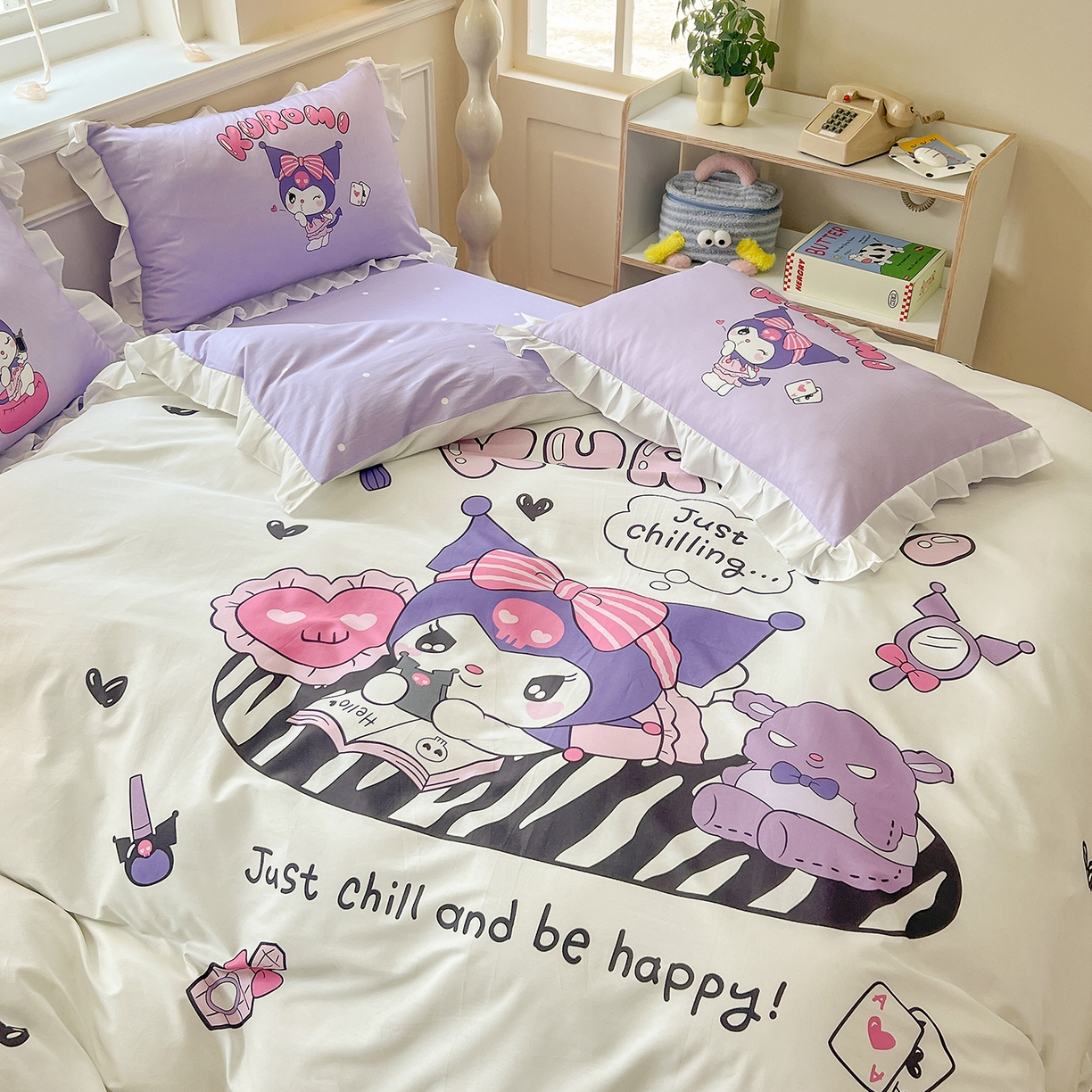 91家纺网 家纺一手货源 找家纺 玉元坊 2026新款三丽鸥正版授权酷洛米全棉纯棉床单床笠床裙三四件套 大版扑克-白花边