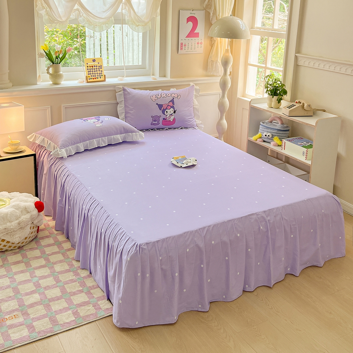 91家纺网 家纺一手货源 找家纺 玉元坊 2026新款三丽鸥正版授权酷洛米全棉纯棉床单床笠床裙三四件套 大版扑克-白花边