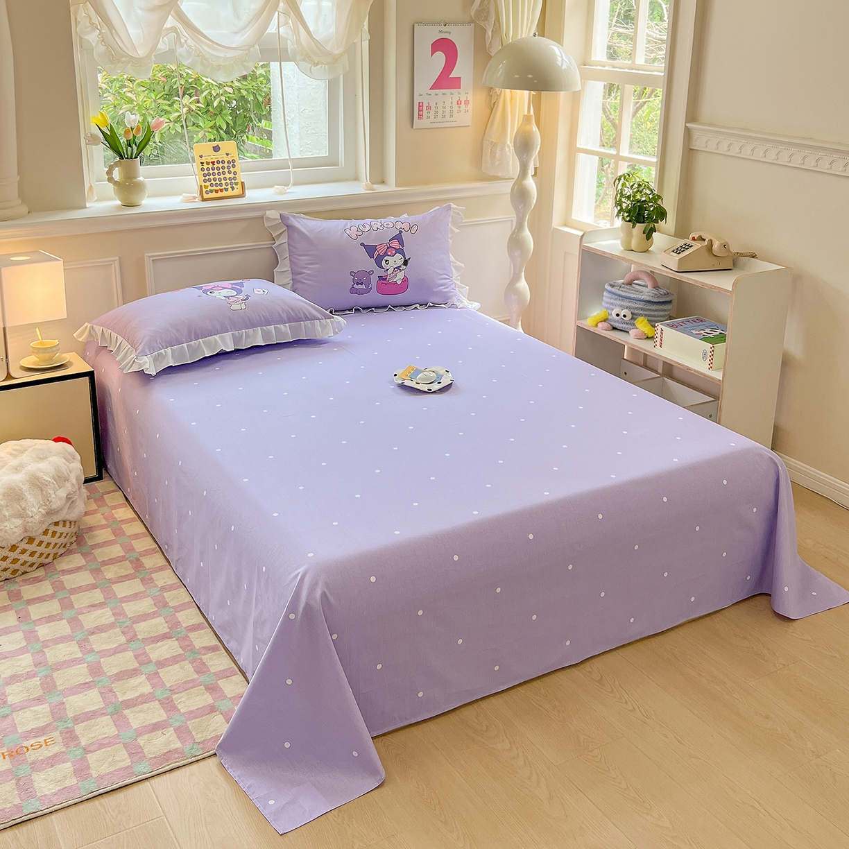 91家纺网 家纺一手货源 找家纺 玉元坊 2026新款三丽鸥正版授权酷洛米全棉纯棉床单床笠床裙三四件套 大版扑克-白花边