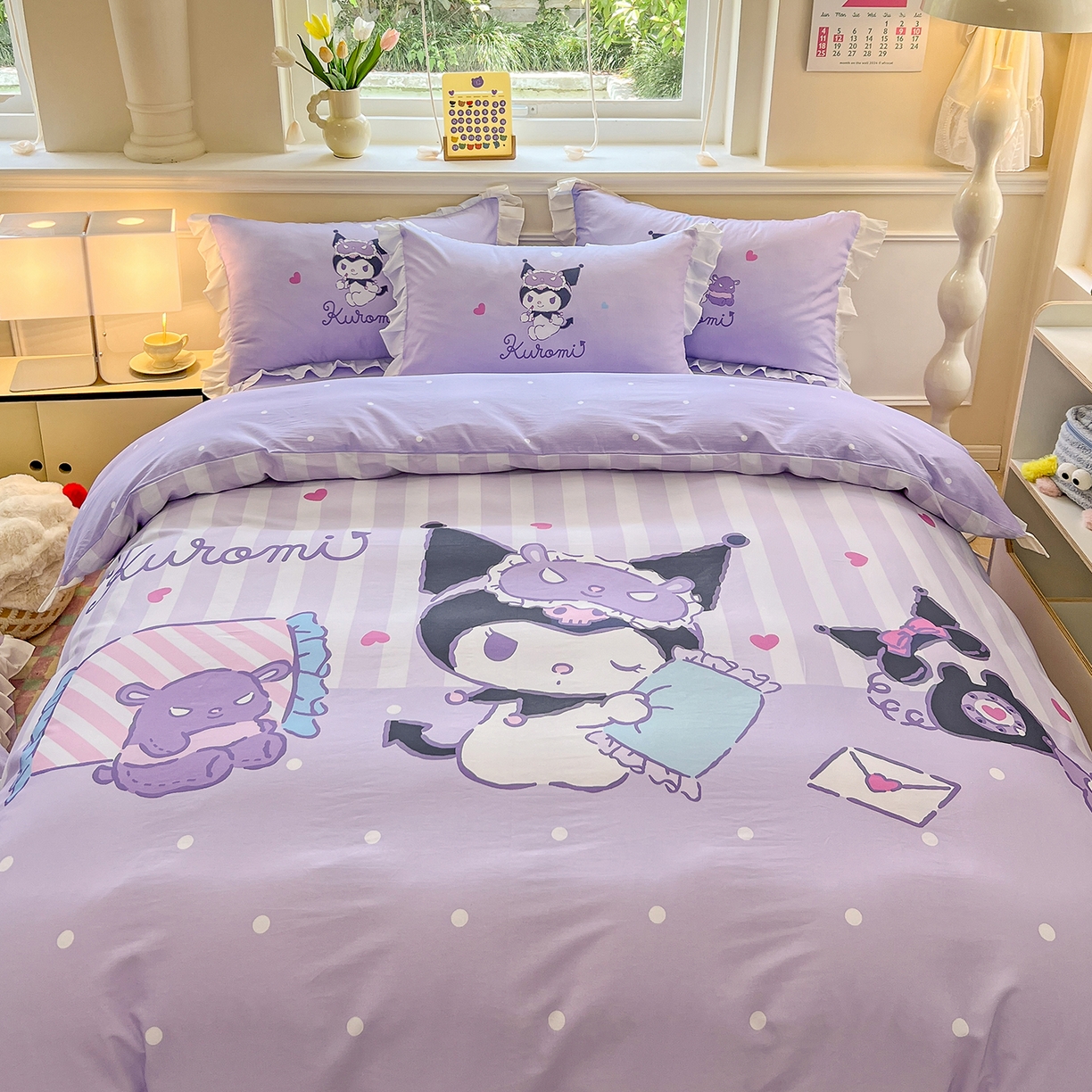 91家纺网 家纺一手货源 找家纺 玉元坊 2026新款三丽鸥正版授权酷洛米全棉纯棉床单床笠床裙三四件套 大版糖果-白花边